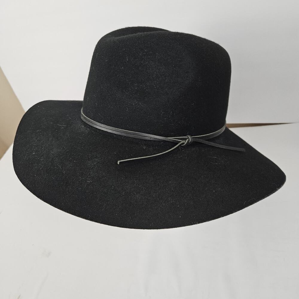 Phenix 100% Wool Leather Trim Fedora Hat Black Women's Large wide brim